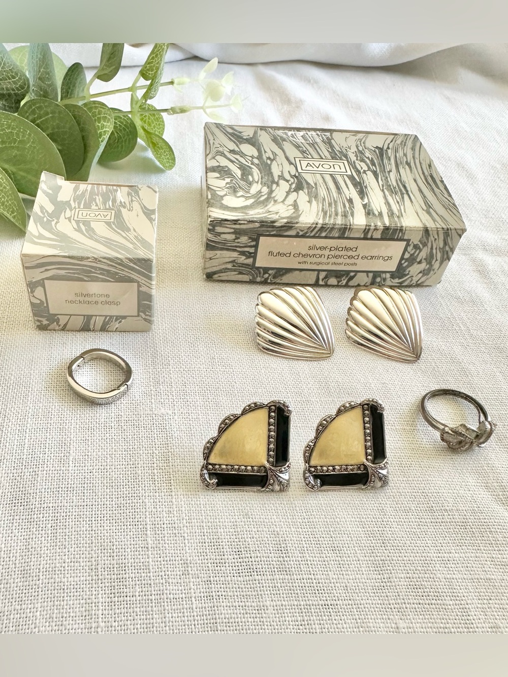 Vintage Avon jewelry lot, earrings, clasp, ring, set of 4